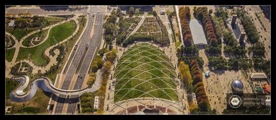 View of Jay Pritzker Pavilion & the BP Pedestrian Bridge from the top