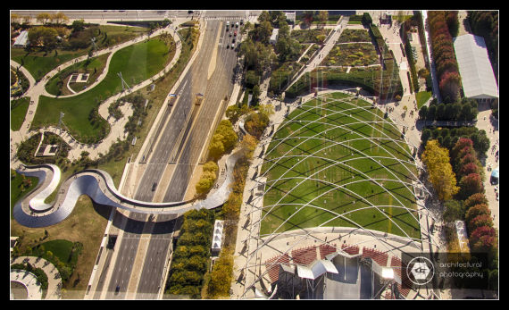 View of Jay Pritzker Pavilion & the BP Pedestrian Bridge from the top